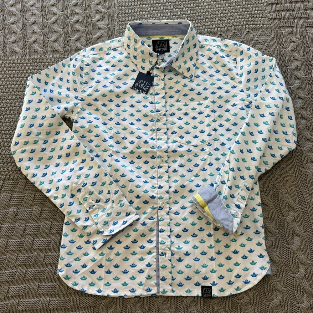 TUKTUK Designs Origami Sailboats in blue/green - LONG SLEEVE ~ 9/10